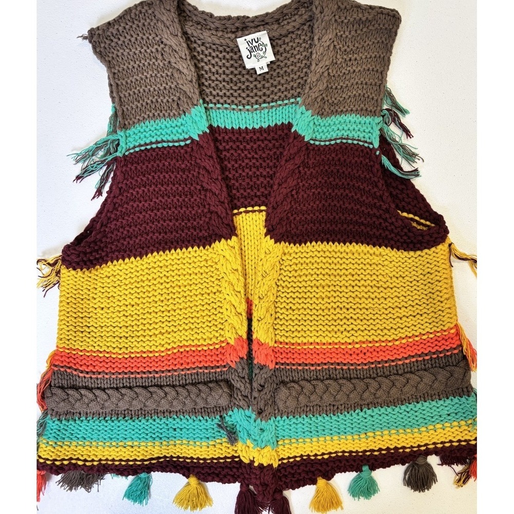 Ivy Jane SZ M Cotton Western Boho MultiColor Fringe Crop Open Sweater Vest‎ - Picture 9 of 10